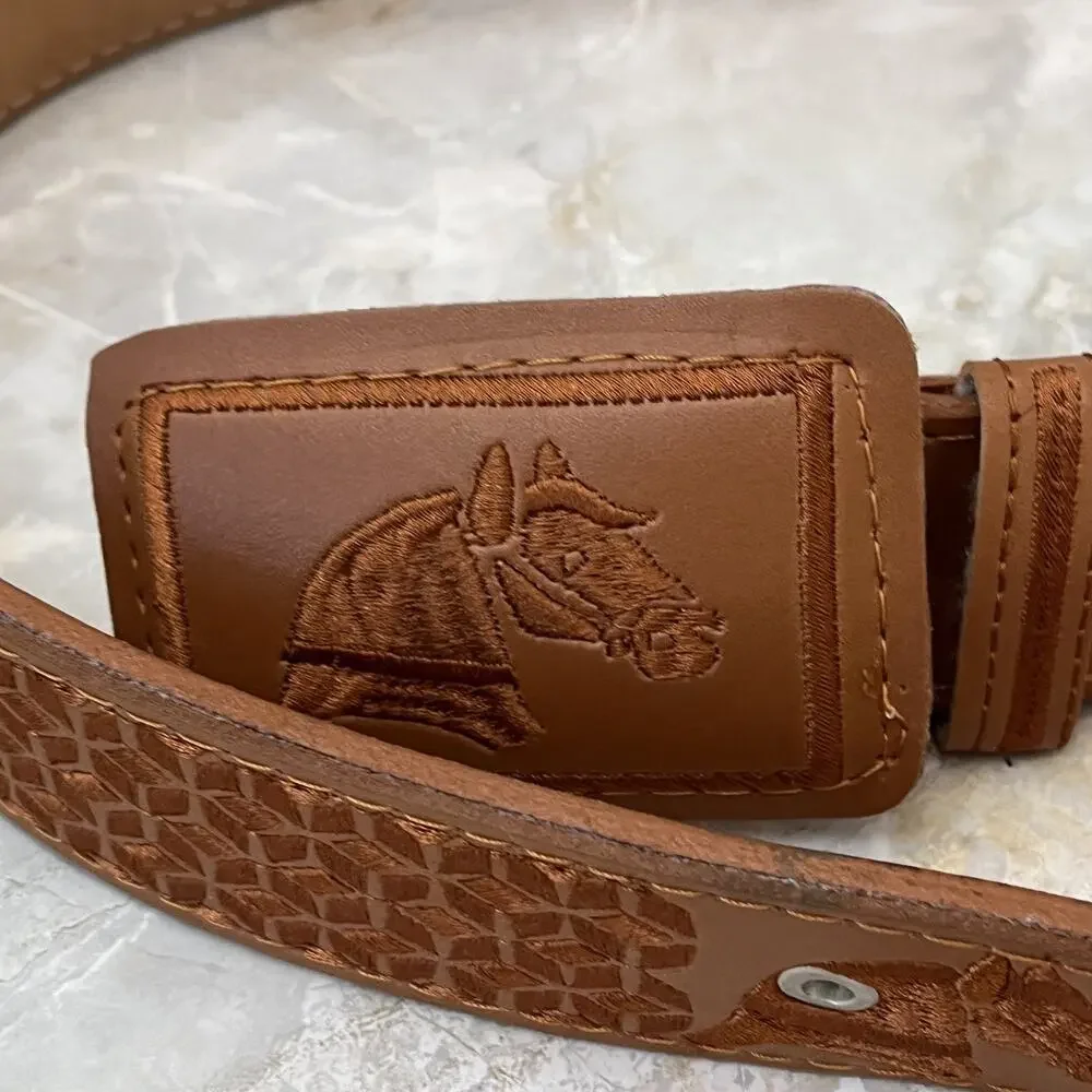 Equestrian Handcrafted Tan Leather Belt Men's Size 38 Horse Head Embroidery